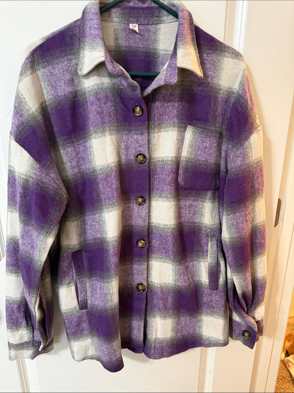 Purple Plaid Button-Front Shacket Jacket